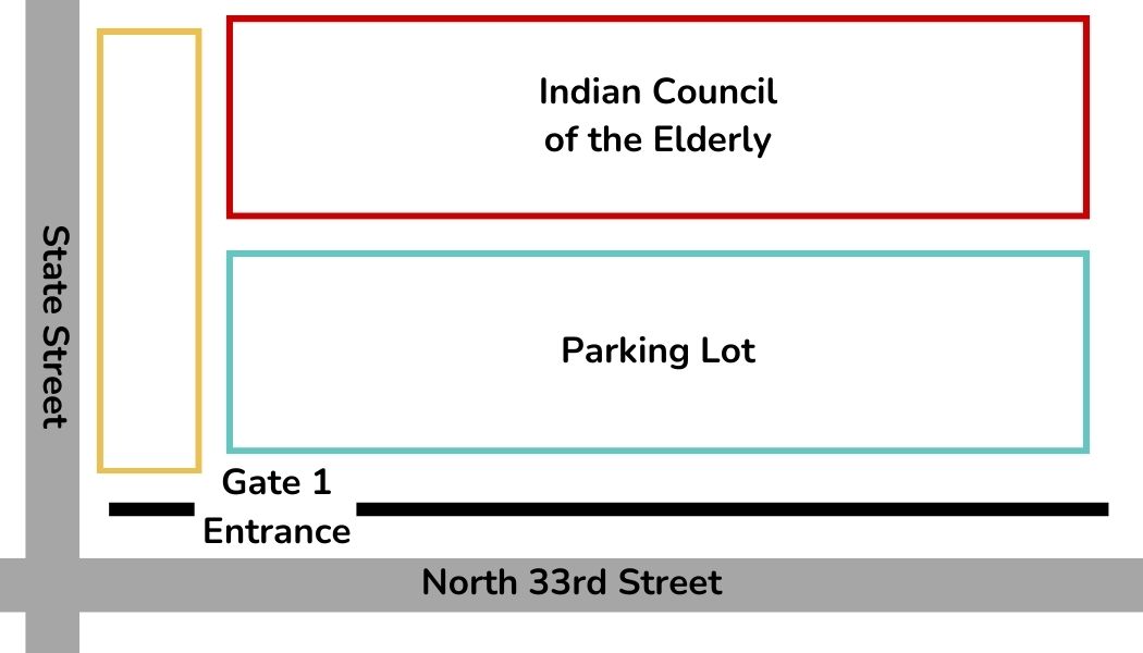 Depicts the entrance to the Indian Council of the Elderly just off of North 33rd Street through the Gate 1 Entrance into the parking lot.